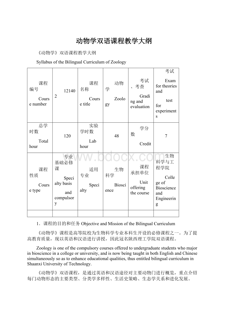 动物学双语课程教学大纲Word下载.docx_第1页