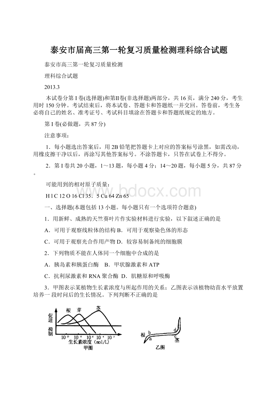 泰安市届高三第一轮复习质量检测理科综合试题Word格式.docx