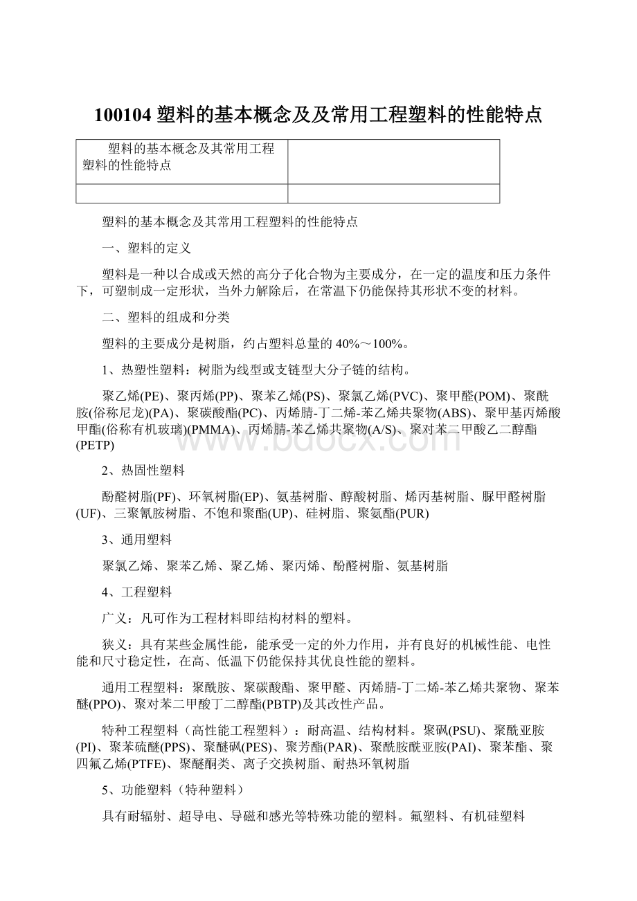 100104 塑料的基本概念及及常用工程塑料的性能特点Word文档下载推荐.docx