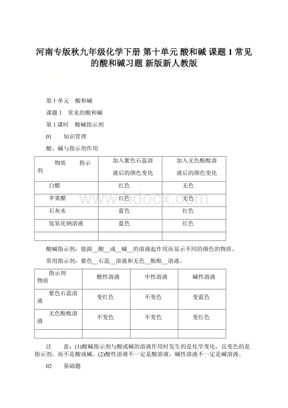 河南专版秋九年级化学下册 第十单元 酸和碱 课题1 常见的酸和碱习题 新版新人教版文档格式.docx