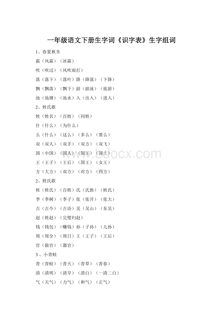 一年级语文下册生字词《识字表》生字组词文档格式.docx