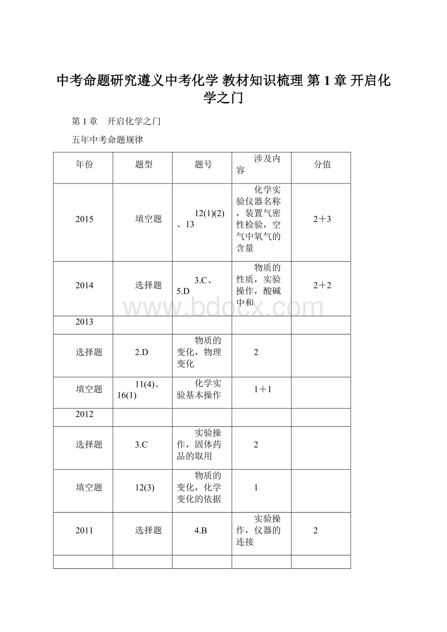 中考命题研究遵义中考化学 教材知识梳理 第1章 开启化学之门Word格式文档下载.docx