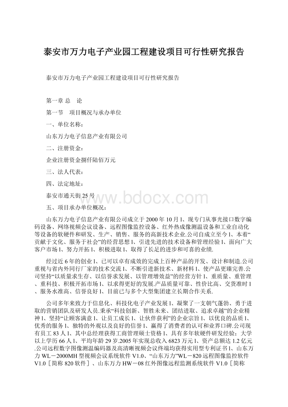 泰安市万力电子产业园工程建设项目可行性研究报告Word格式.docx_第1页