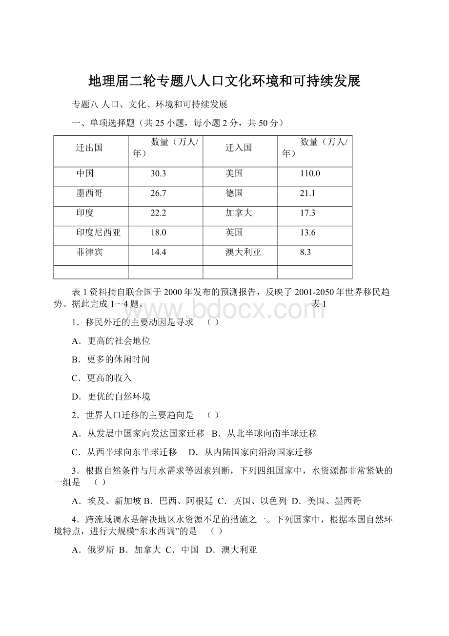 地理届二轮专题八人口文化环境和可持续发展Word文档格式.docx