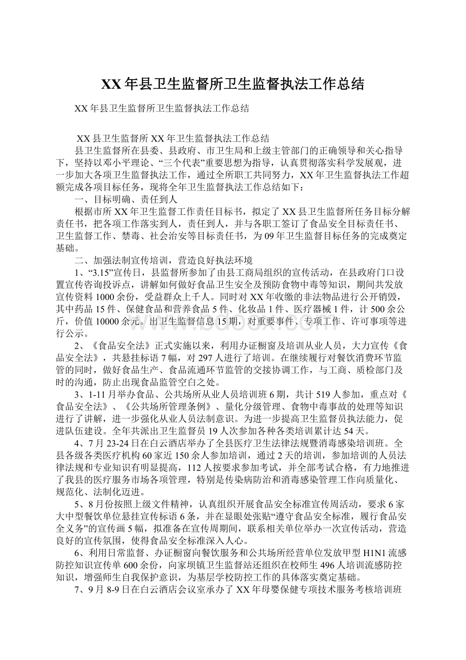 XX年县卫生监督所卫生监督执法工作总结文档格式.docx_第1页