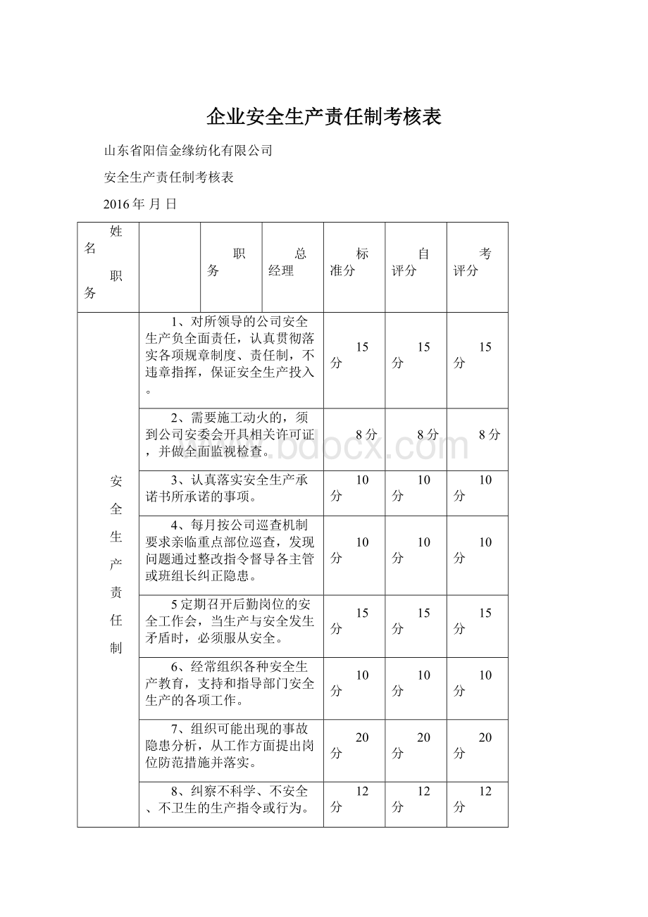 企业安全生产责任制考核表.docx