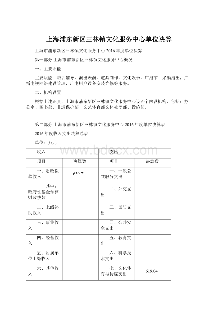 上海浦东新区三林镇文化服务中心单位决算.docx