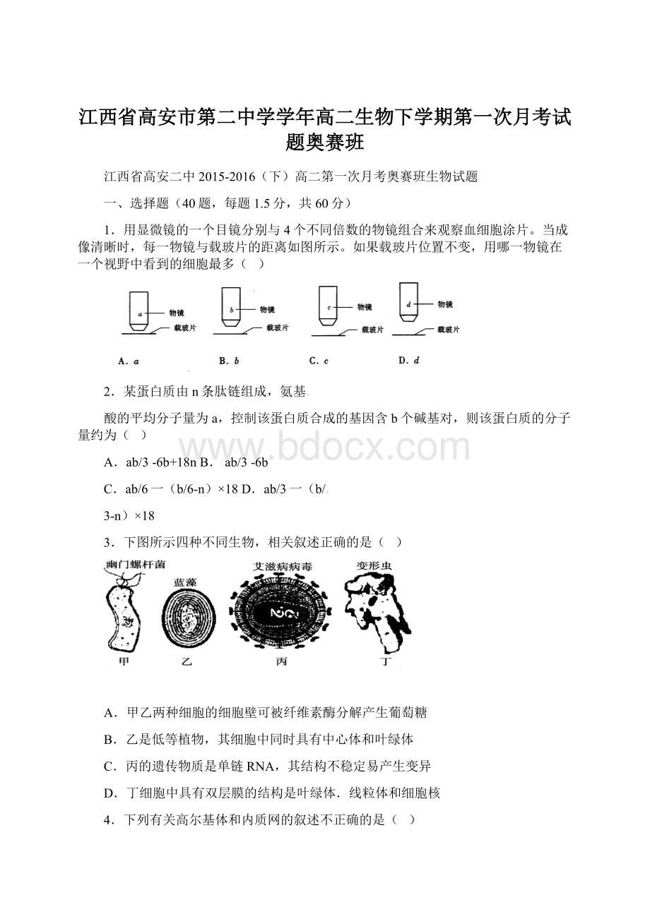 江西省高安市第二中学学年高二生物下学期第一次月考试题奥赛班.docx_第1页