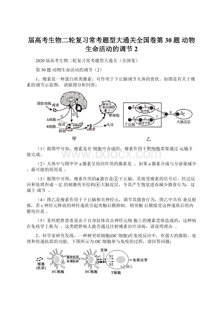 届高考生物二轮复习常考题型大通关全国卷第30题 动物生命活动的调节2.docx