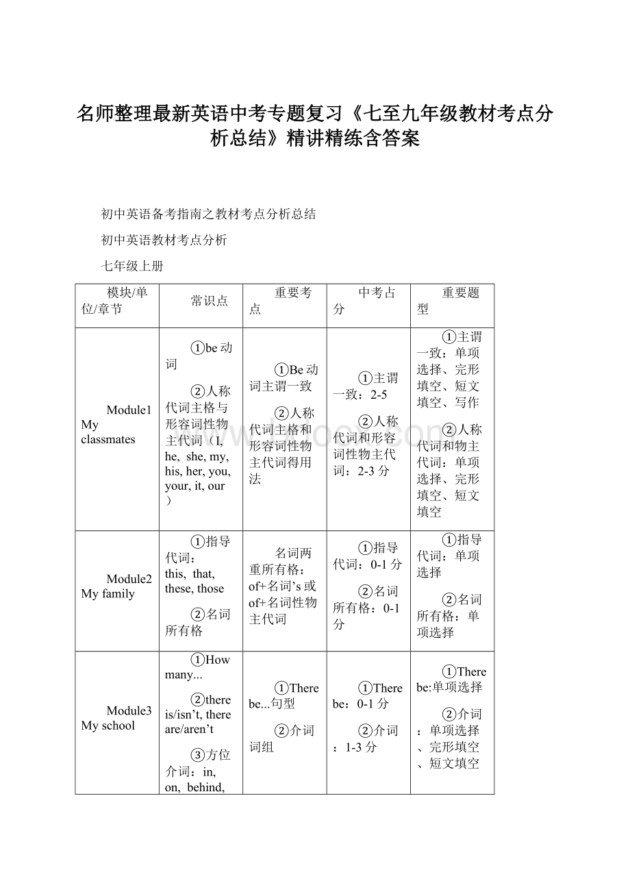 名师整理最新英语中考专题复习《七至九年级教材考点分析总结》精讲精练含答案.docx