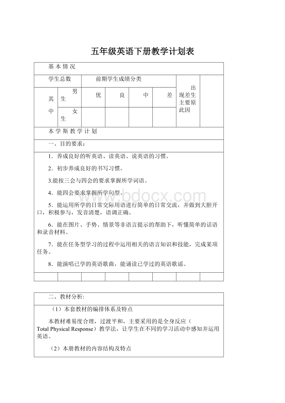 五年级英语下册教学计划表文档格式.docx