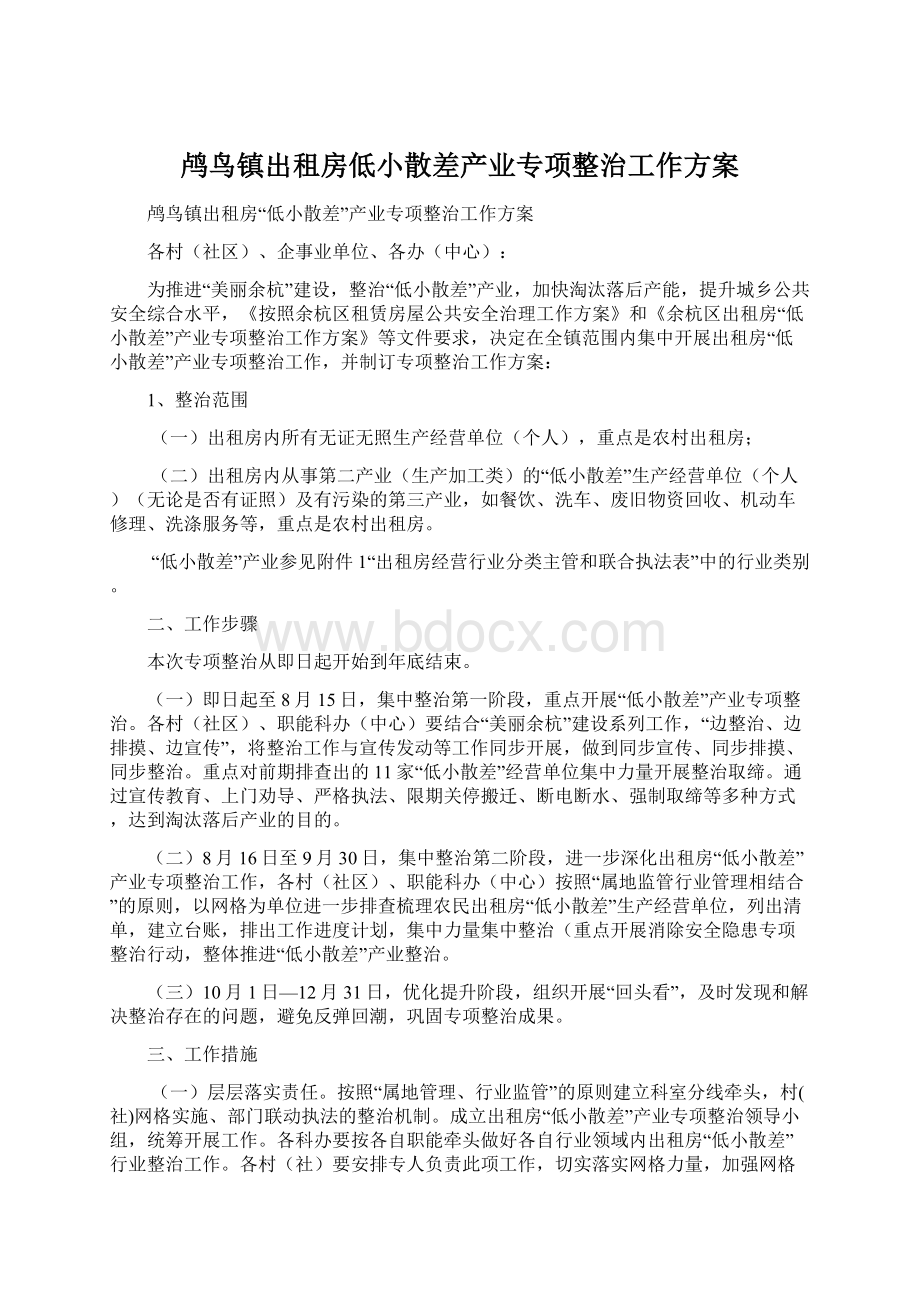 鸬鸟镇出租房低小散差产业专项整治工作方案.docx