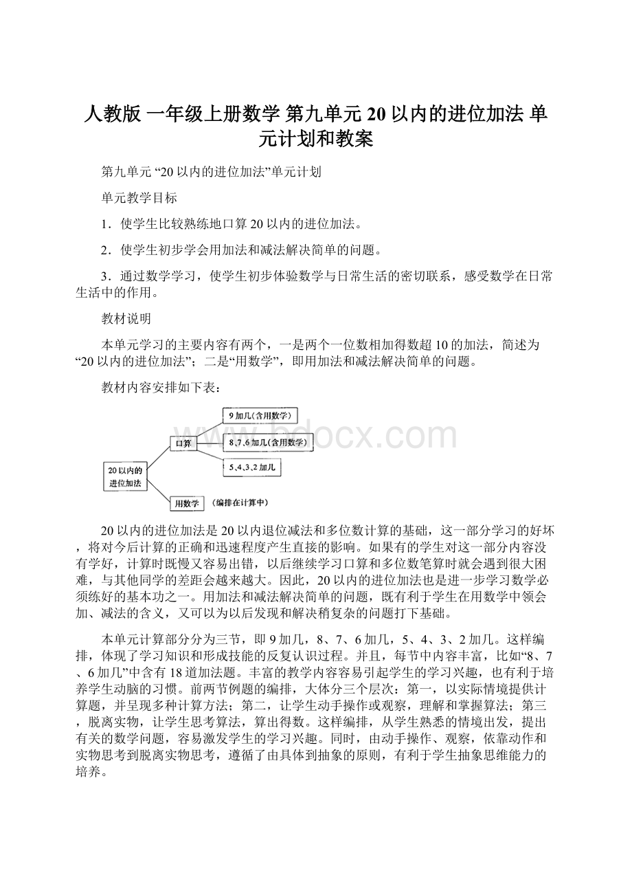 人教版 一年级上册数学 第九单元 20以内的进位加法 单元计划和教案Word下载.docx_第1页