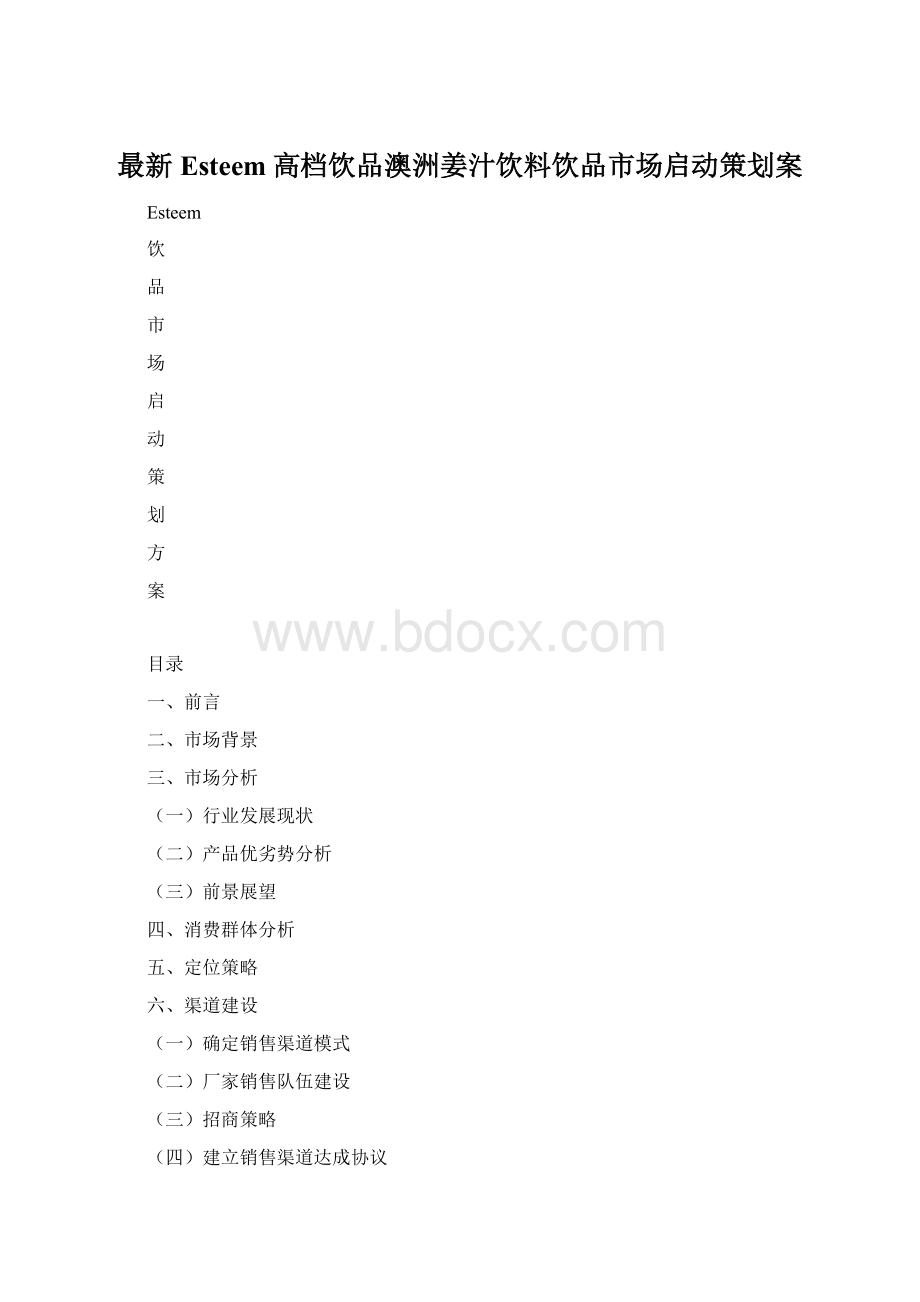 最新Esteem高档饮品澳洲姜汁饮料饮品市场启动策划案文档格式.docx_第1页