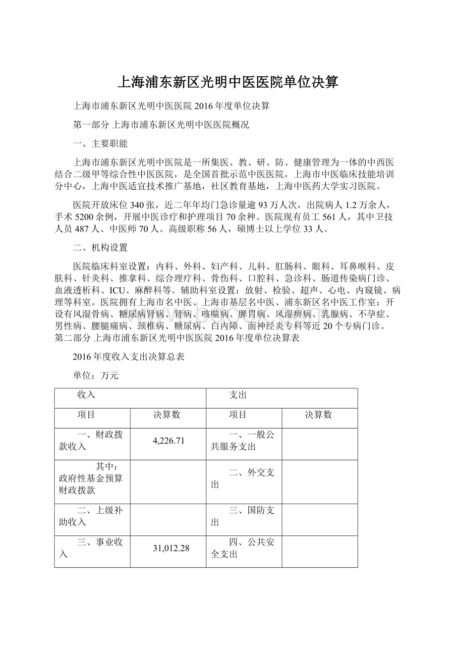 上海浦东新区光明中医医院单位决算Word文档下载推荐.docx_第1页