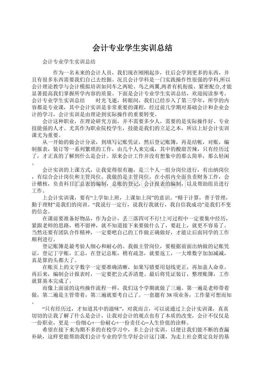 会计专业学生实训总结文档格式.docx