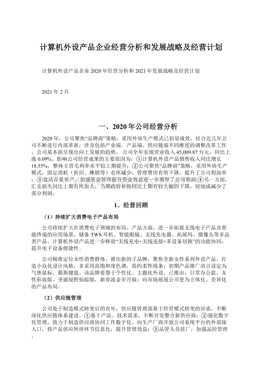 计算机外设产品企业经营分析和发展战略及经营计划文档格式.docx_第1页