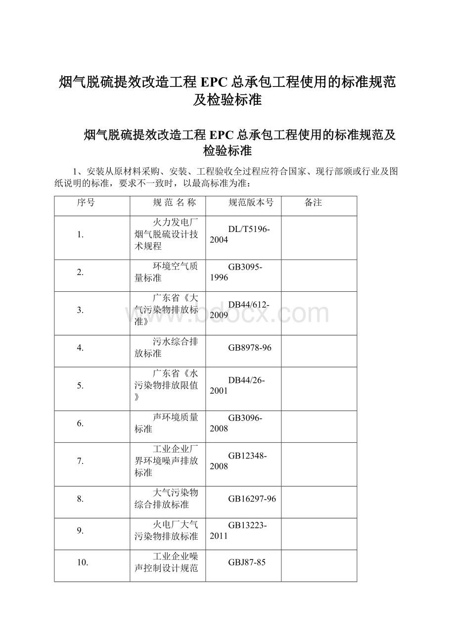 烟气脱硫提效改造工程EPC总承包工程使用的标准规范及检验标准Word文档格式.docx_第1页