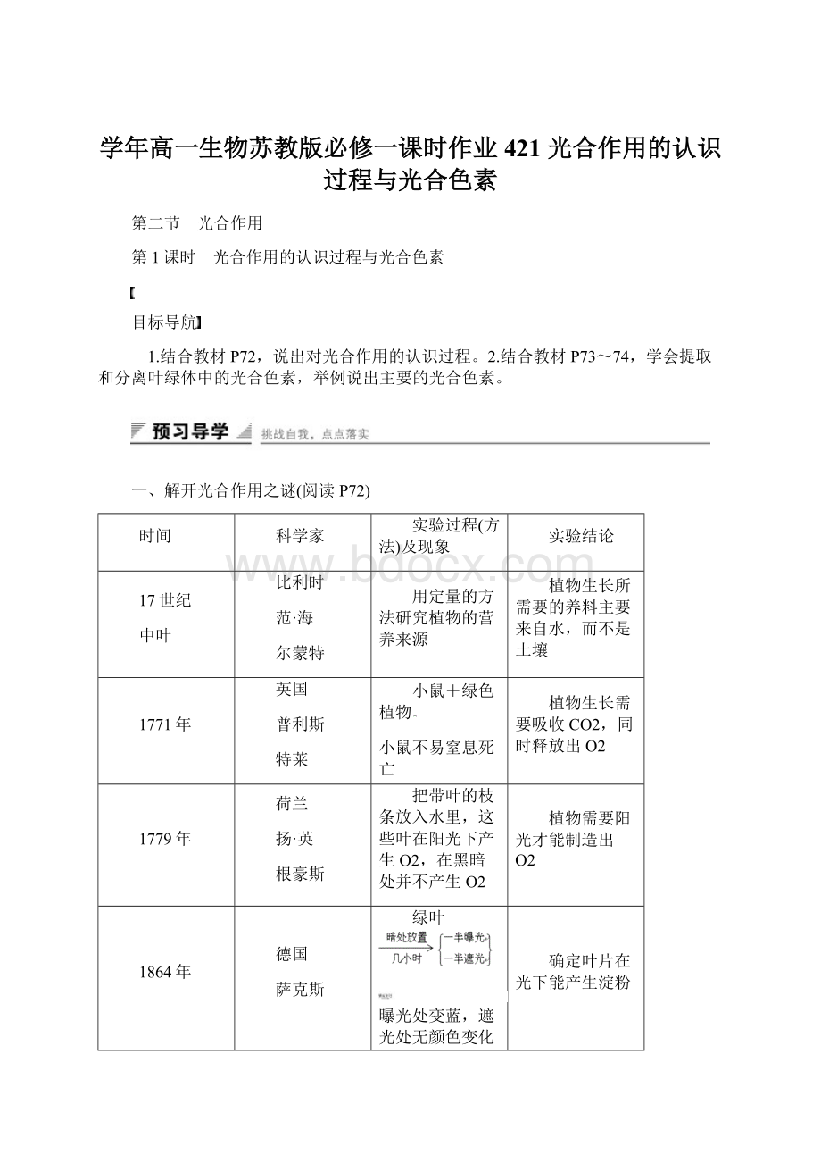 学年高一生物苏教版必修一课时作业421 光合作用的认识过程与光合色素Word格式文档下载.docx_第1页