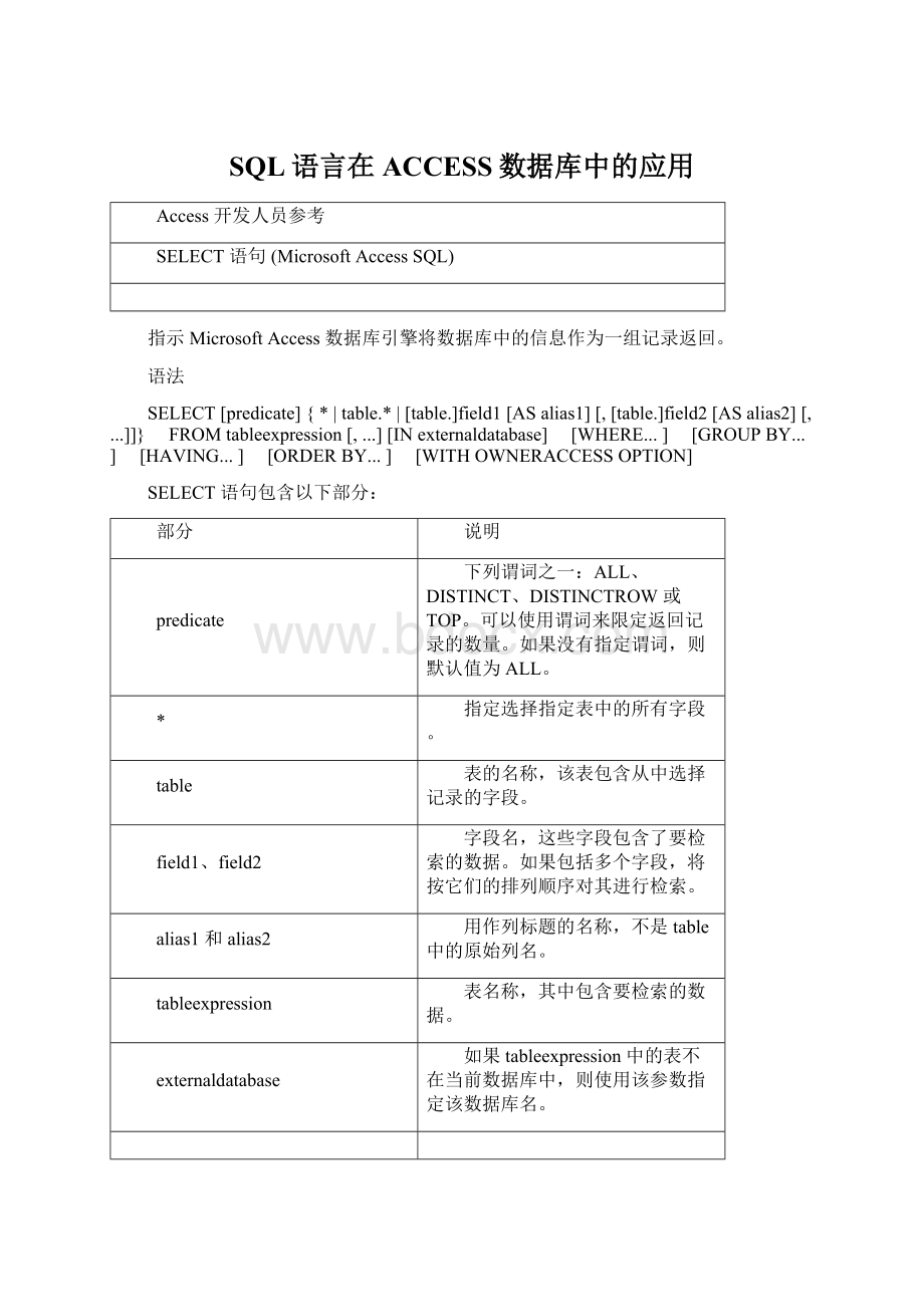 SQL语言在ACCESS数据库中的应用Word下载.docx_第1页