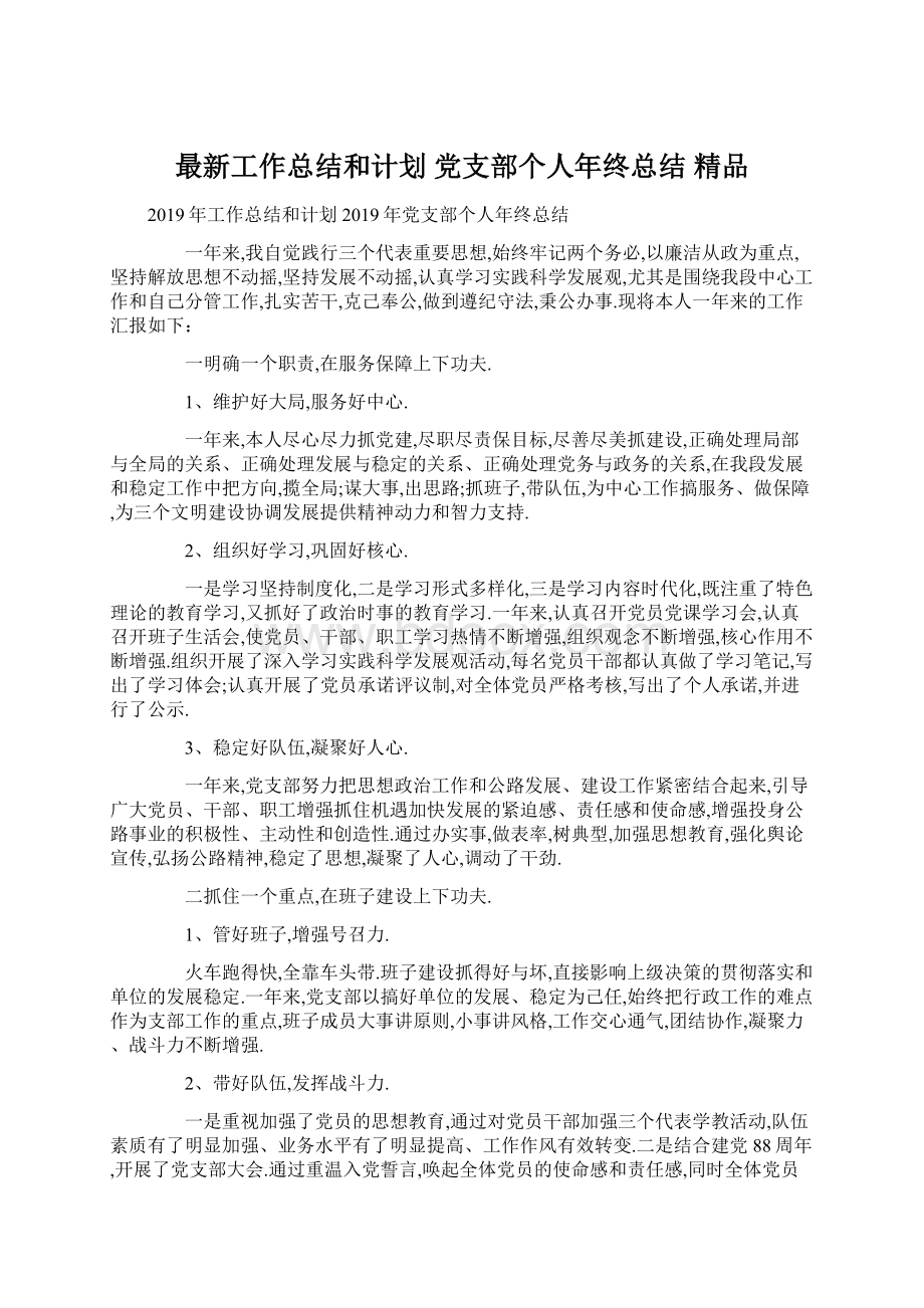 最新工作总结和计划 党支部个人年终总结 精品Word格式文档下载.docx_第1页