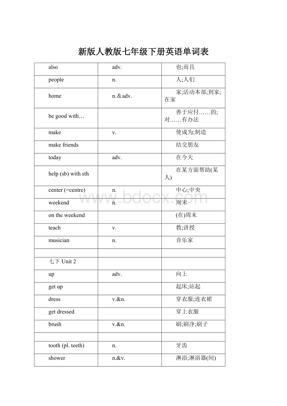 新版人教版七年级下册英语单词表Word文档格式.docx