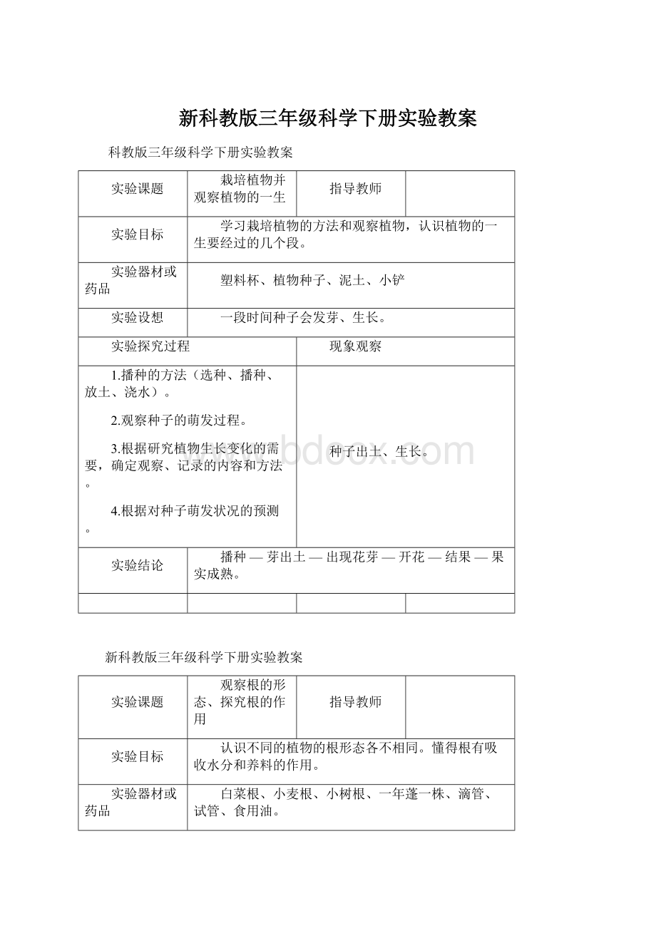 新科教版三年级科学下册实验教案.docx