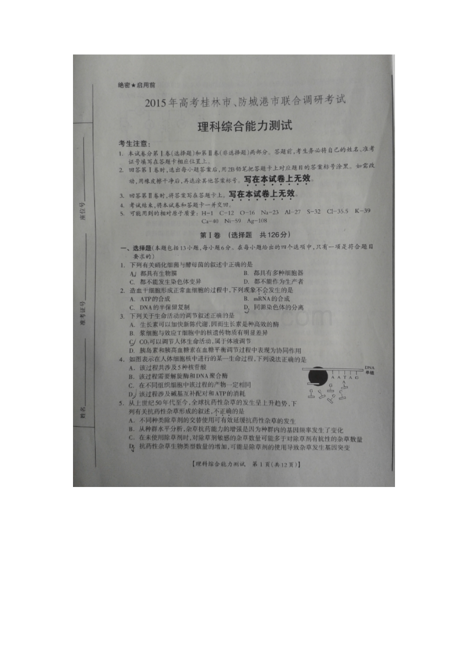 广西省桂林市防城港市届高三联合调研考试理综试题 扫描版含答案Word格式.docx_第2页