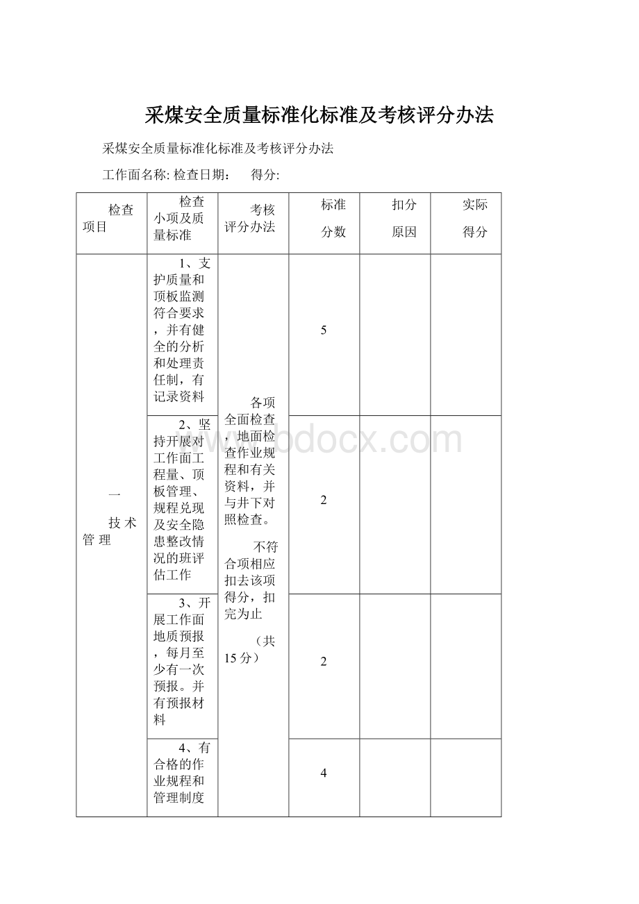 采煤安全质量标准化标准及考核评分办法.docx