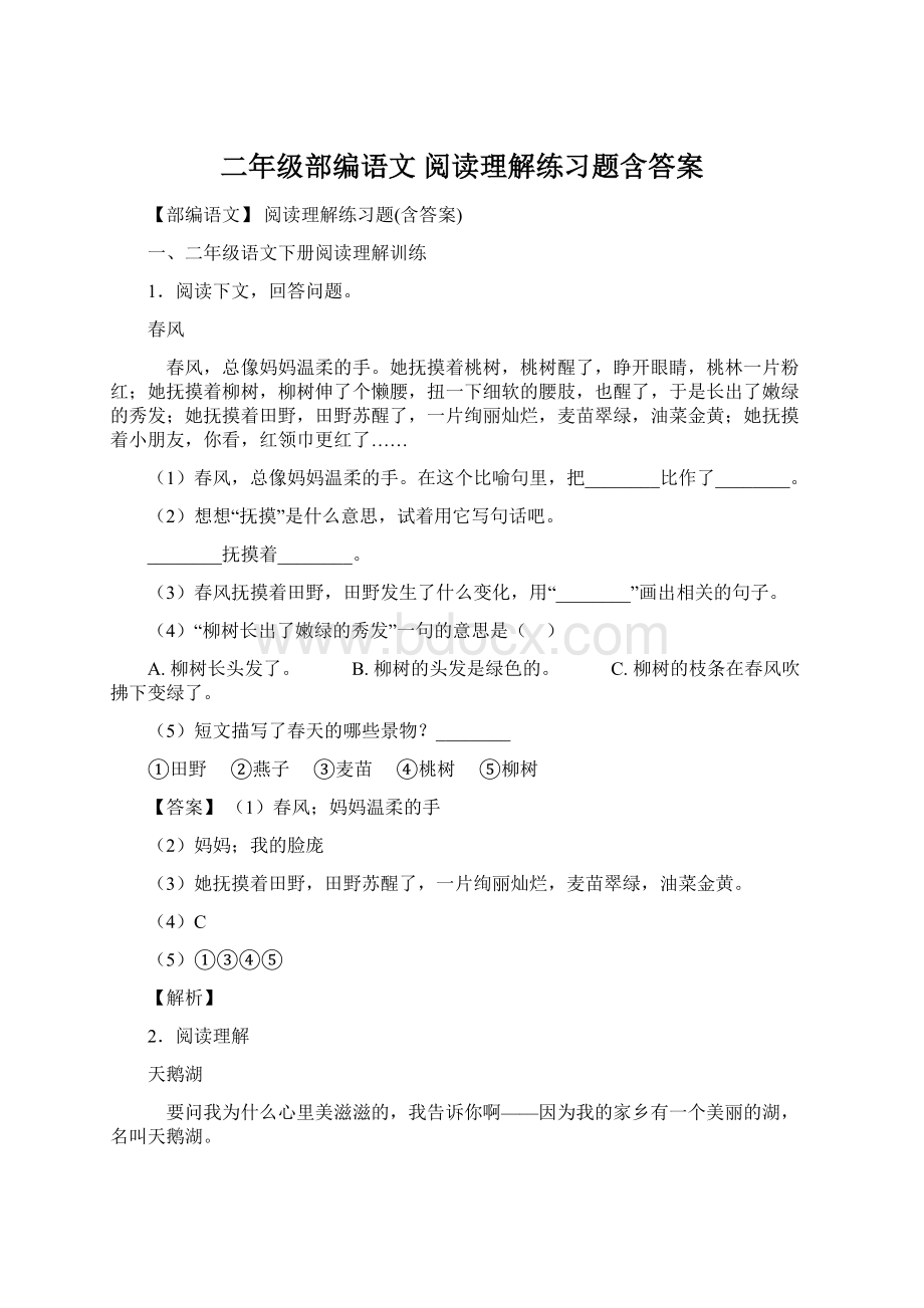 二年级部编语文 阅读理解练习题含答案.docx