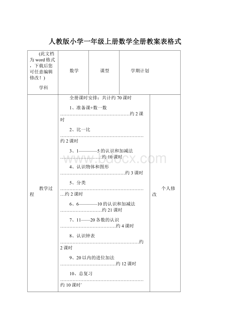 人教版小学一年级上册数学全册教案表格式.docx