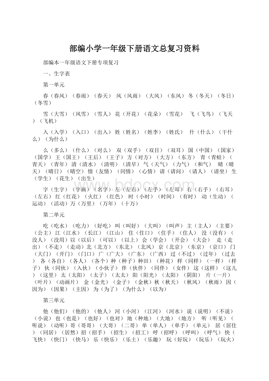 部编小学一年级下册语文总复习资料Word文件下载.docx