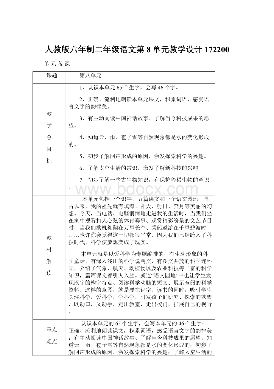 人教版六年制二年级语文第8单元教学设计172200.docx