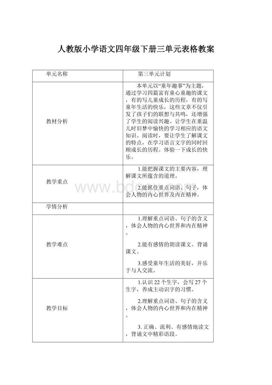 人教版小学语文四年级下册三单元表格教案.docx_第1页