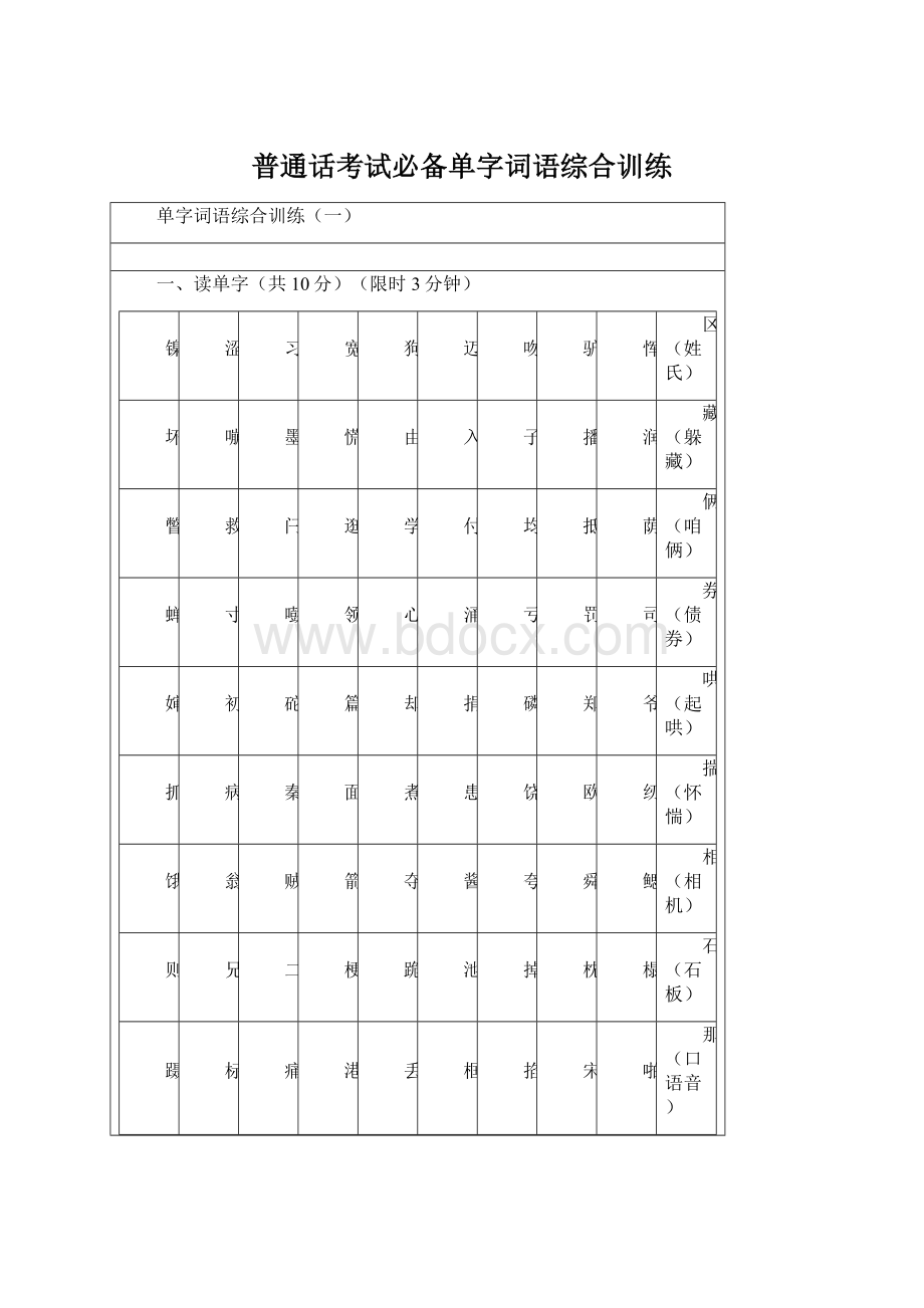 普通话考试必备单字词语综合训练Word文件下载.docx