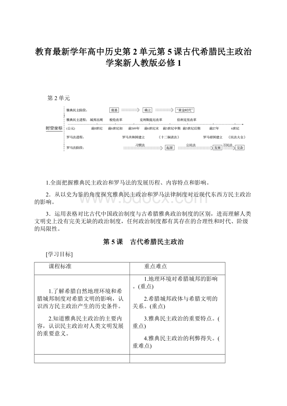 教育最新学年高中历史第2单元第5课古代希腊民主政治学案新人教版必修1.docx_第1页