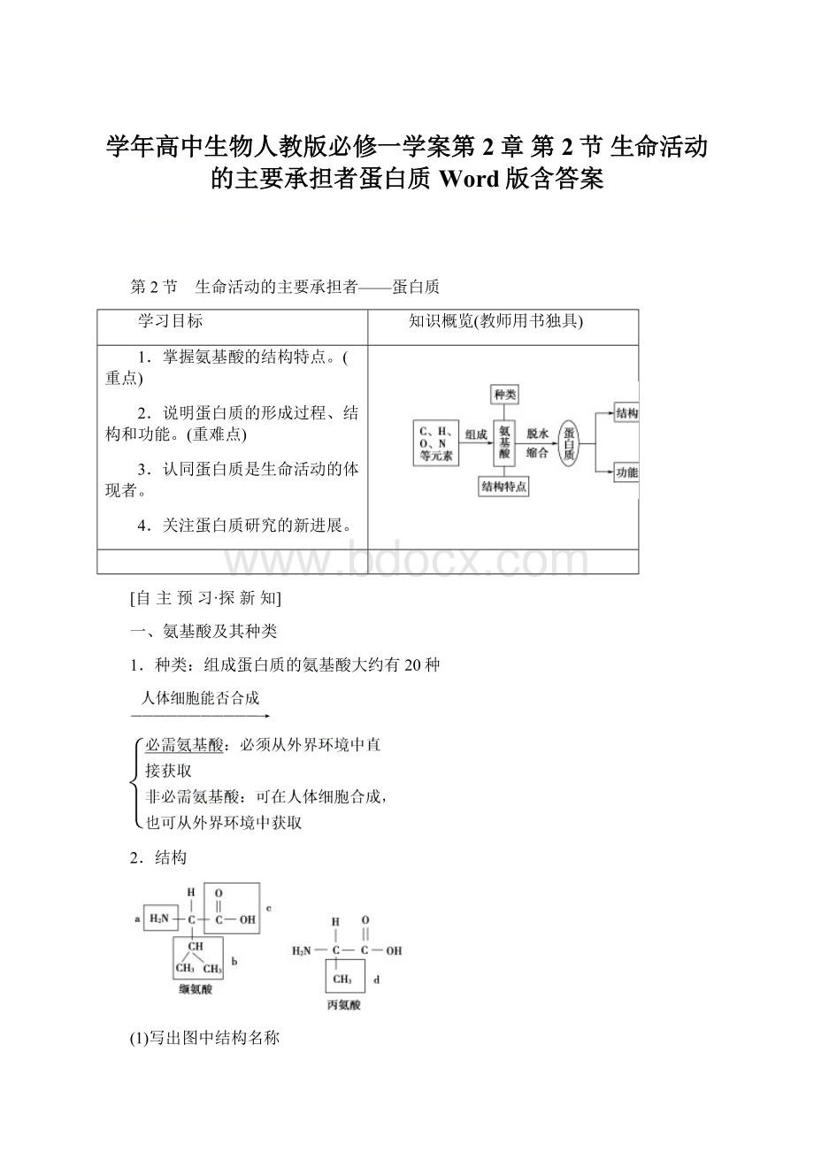 学年高中生物人教版必修一学案第2章 第2节 生命活动的主要承担者蛋白质 Word版含答案.docx_第1页