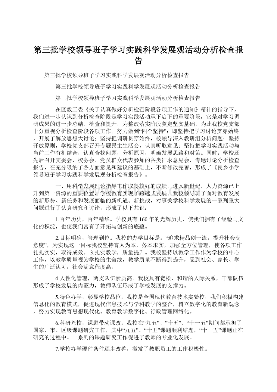 第三批学校领导班子学习实践科学发展观活动分析检查报告Word格式文档下载.docx