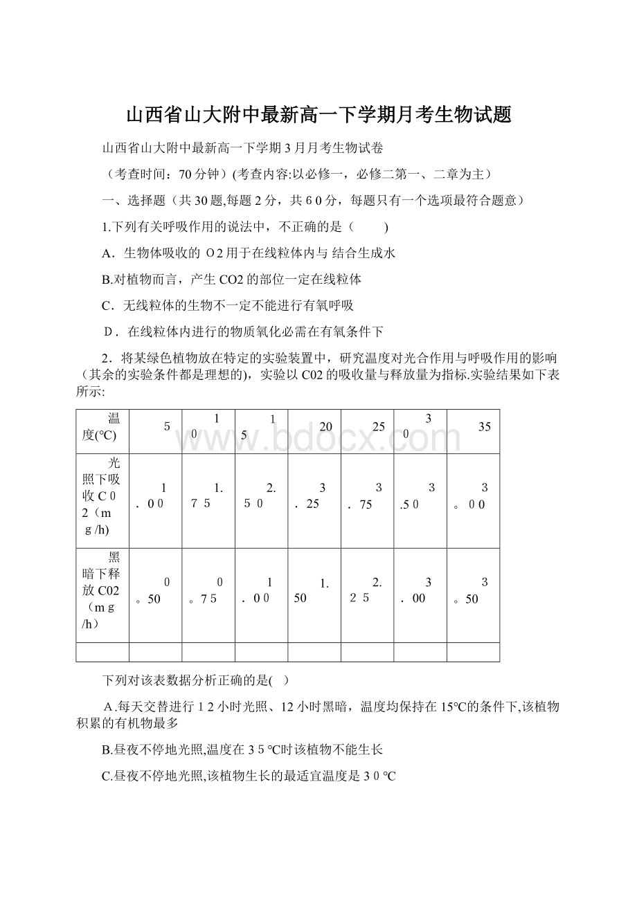 山西省山大附中最新高一下学期月考生物试题Word格式.docx