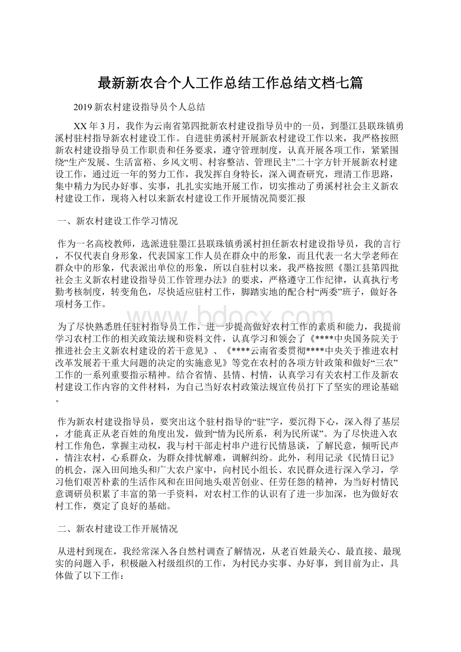 最新新农合个人工作总结工作总结文档七篇.docx