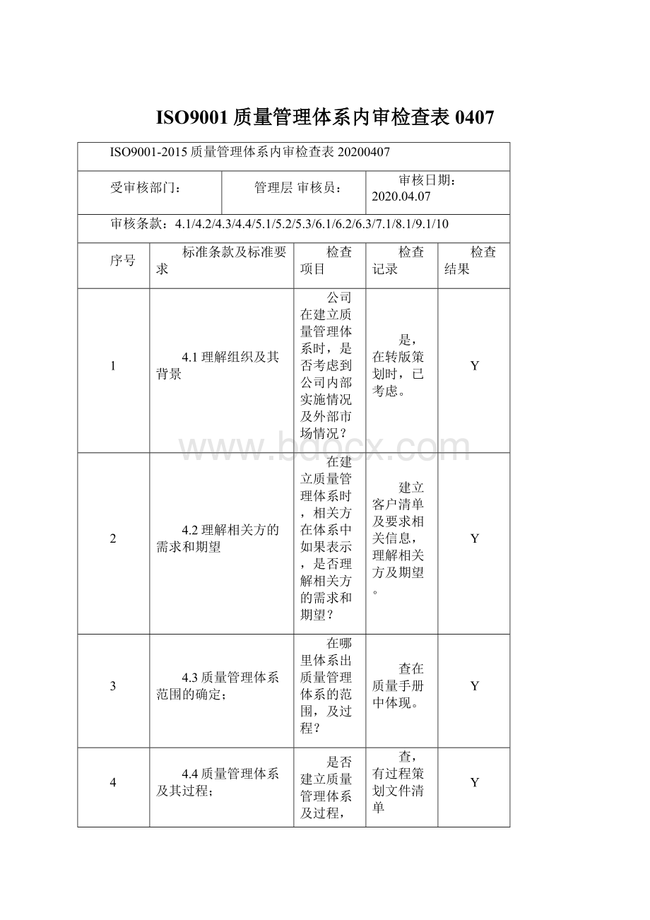 ISO9001质量管理体系内审检查表0407Word文件下载.docx_第1页