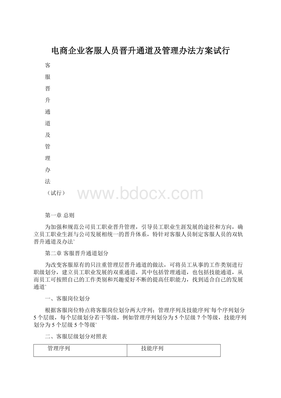 电商企业客服人员晋升通道及管理办法方案试行Word文件下载.docx_第1页