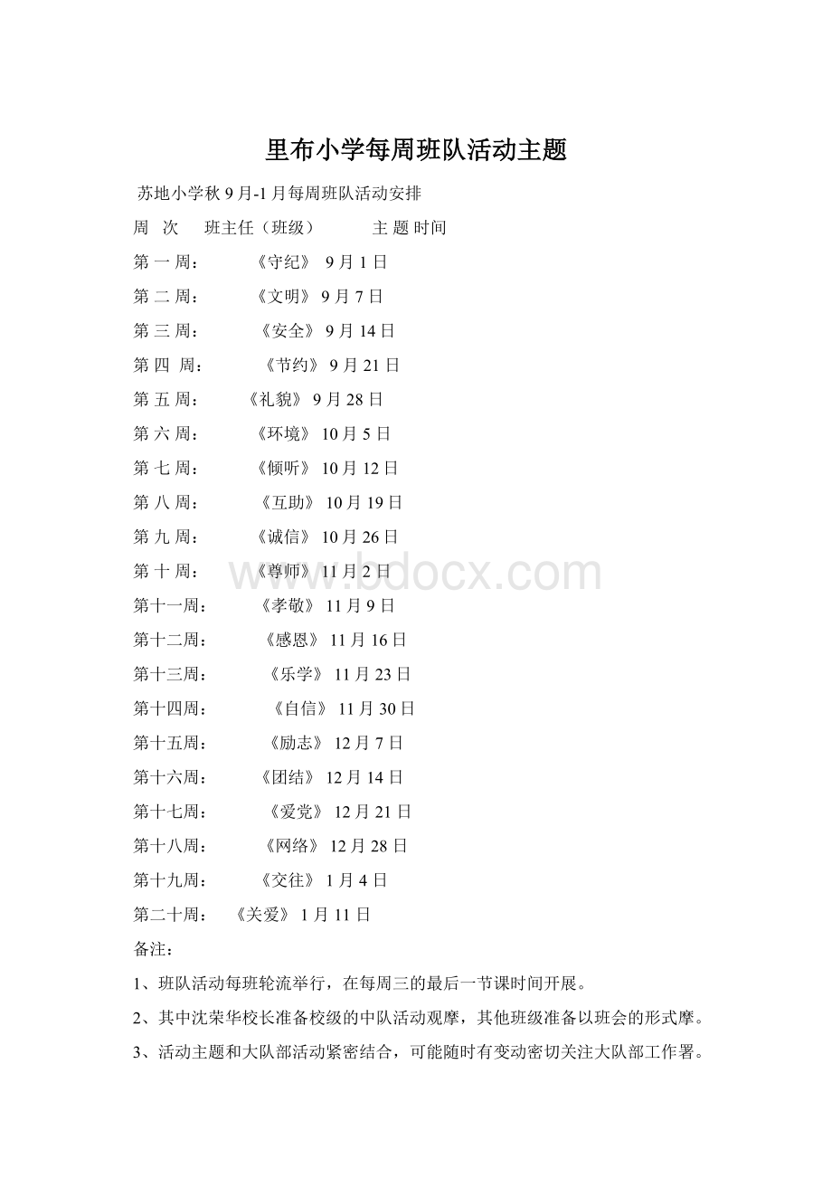 里布小学每周班队活动主题Word文件下载.docx