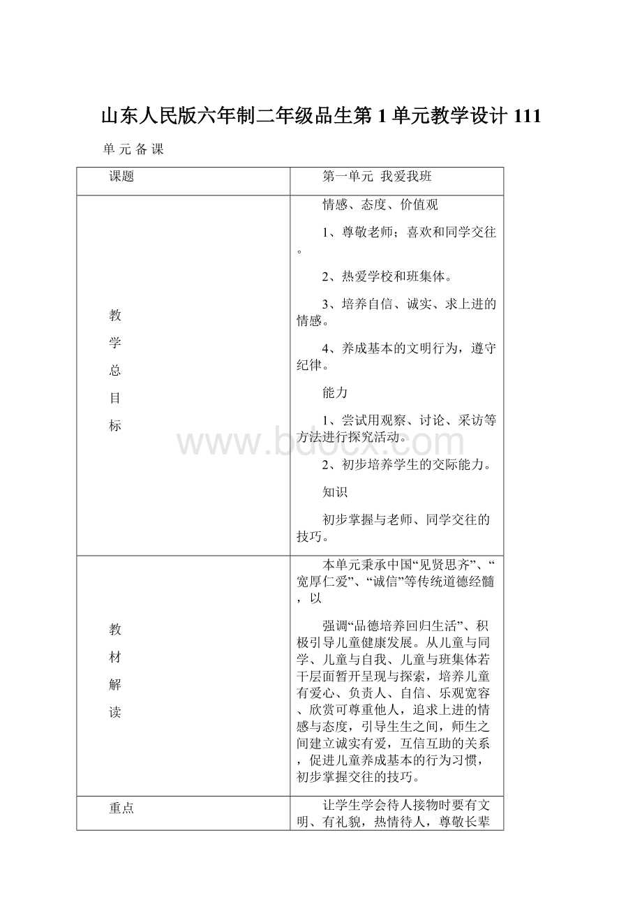 山东人民版六年制二年级品生第1单元教学设计111Word格式文档下载.docx