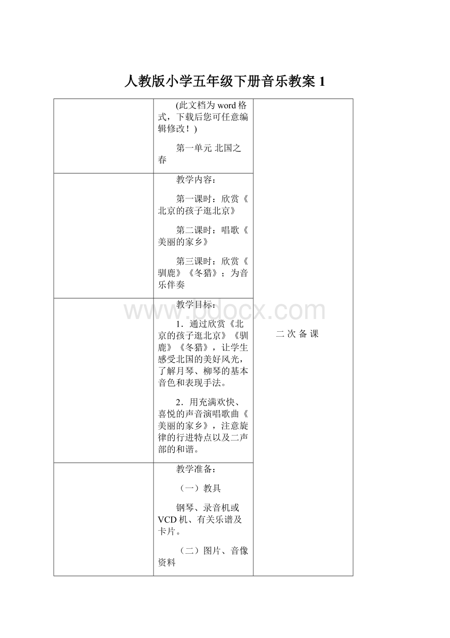 人教版小学五年级下册音乐教案1Word格式文档下载.docx_第1页