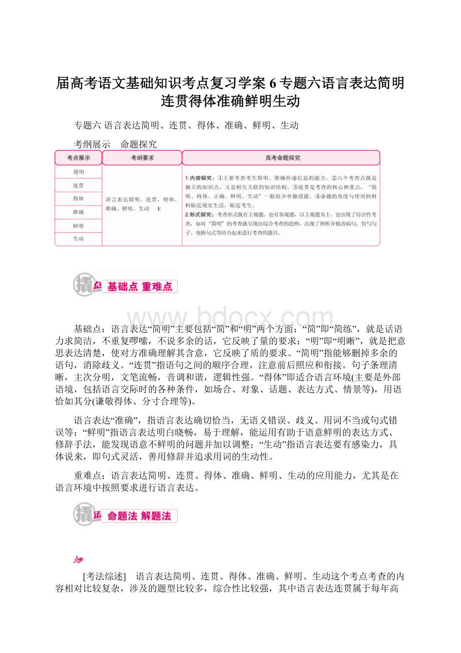 届高考语文基础知识考点复习学案6专题六语言表达简明连贯得体准确鲜明生动.docx