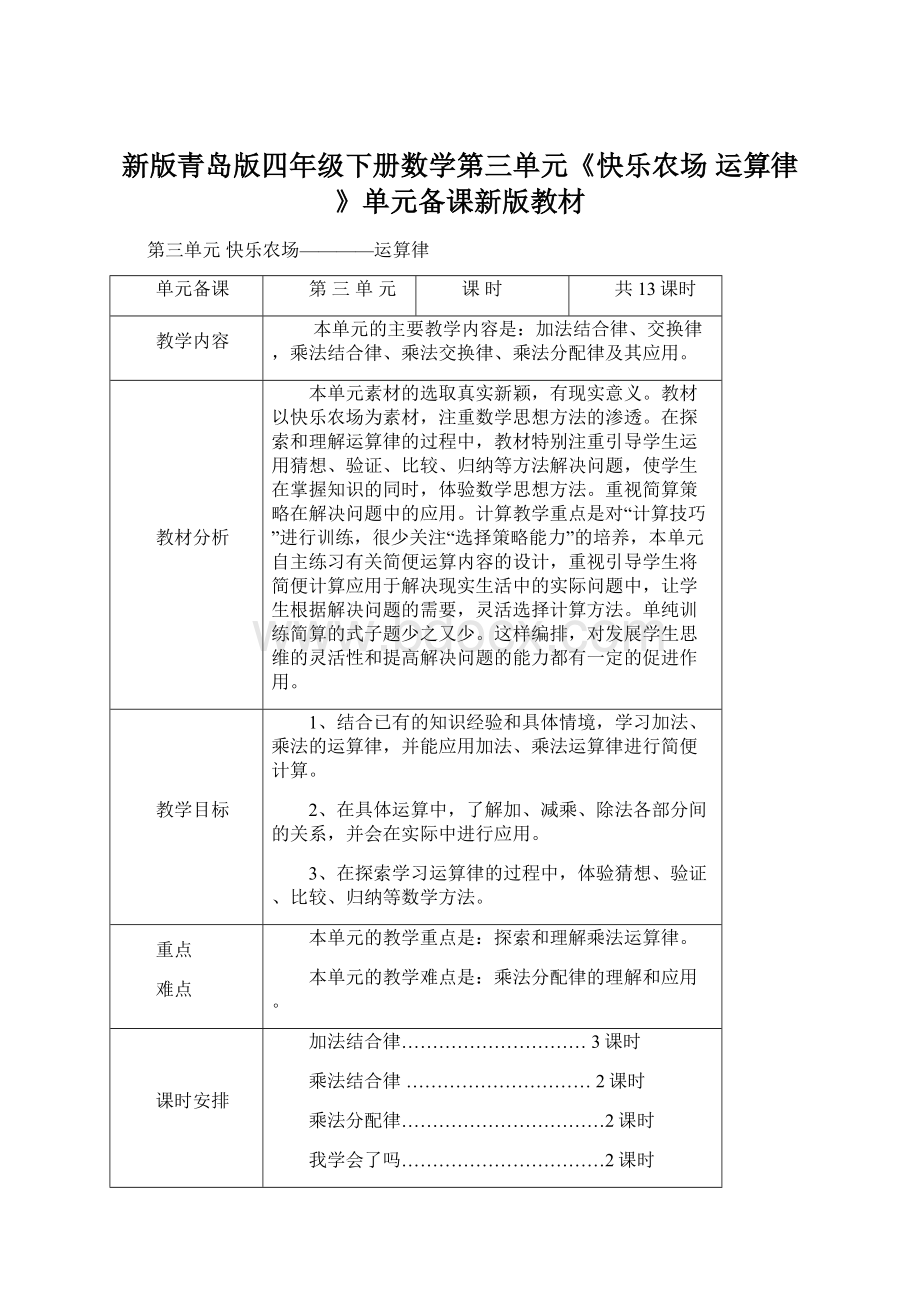 新版青岛版四年级下册数学第三单元《快乐农场 运算律》单元备课新版教材.docx