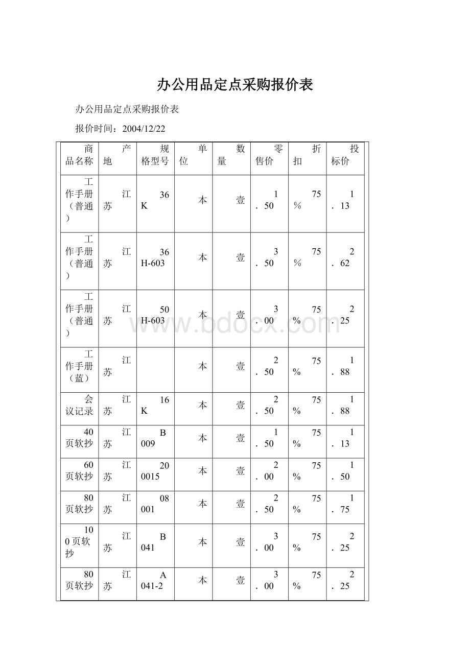 办公用品定点采购报价表文档格式.docx