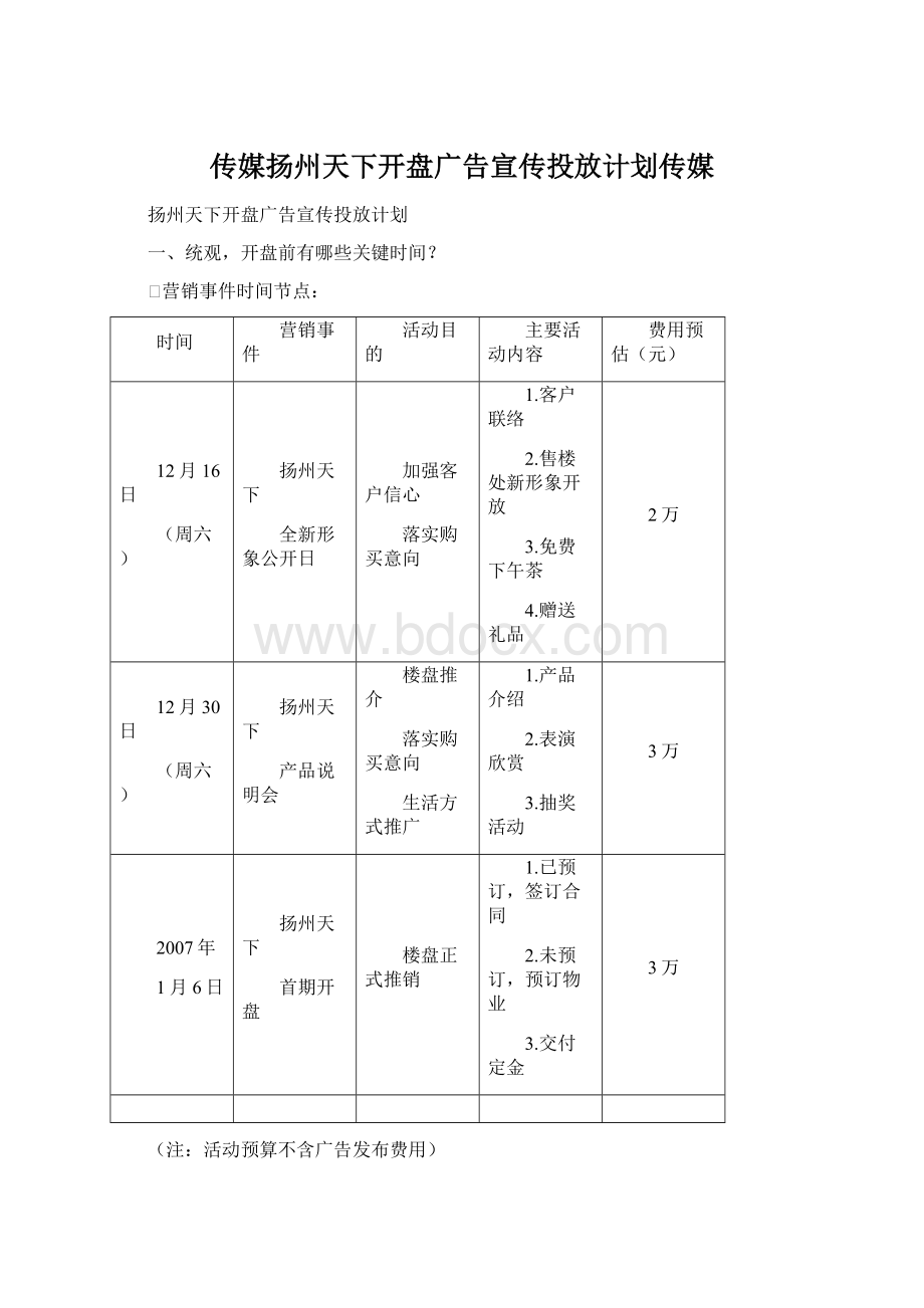 传媒扬州天下开盘广告宣传投放计划传媒.docx