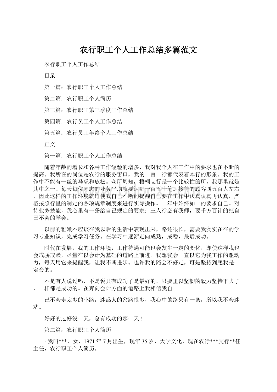 农行职工个人工作总结多篇范文.docx_第1页